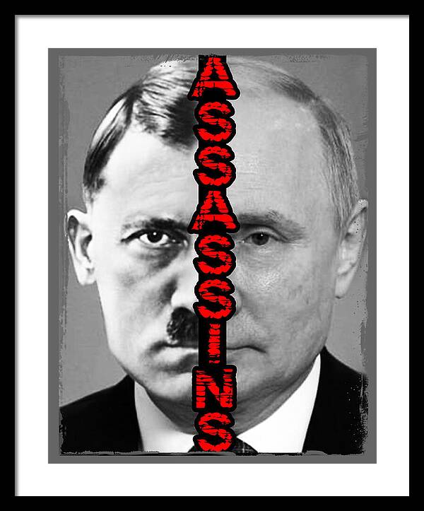 Framed portrait print with grayscale face, red vertical lettering, black frame with light mat
