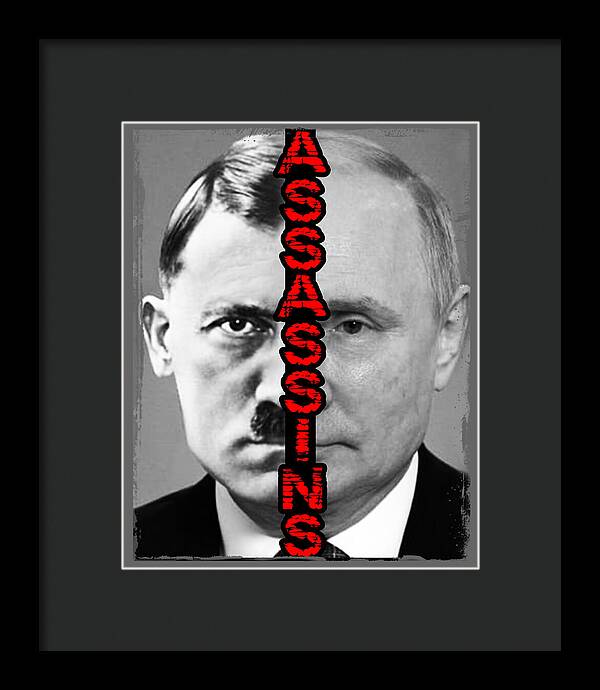 Framed black-and-white portrait print with red vertical lettering, dark frame, gray mat.