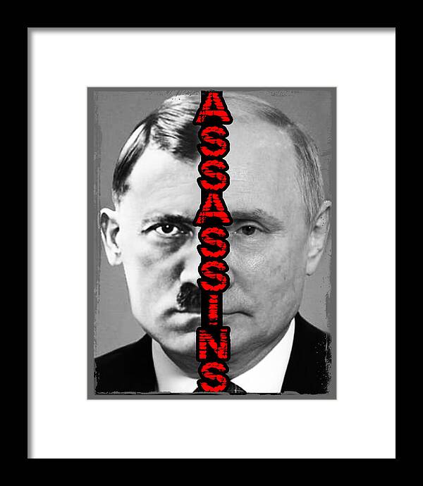 Framed black-and-white portrait print with red vertical lettering, black frame, white mat.