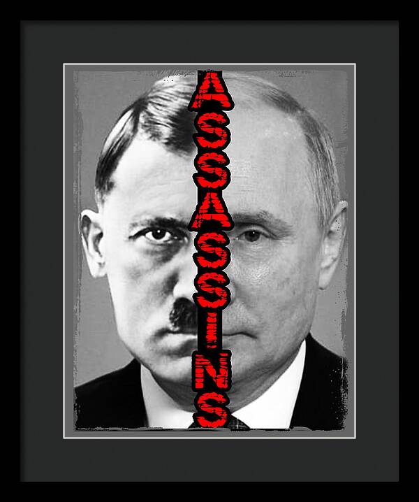 Framed portrait print with grayscale face, red vertical lettering, black frame