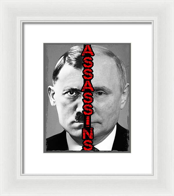 Framed black-and-white portrait print with red vertical lettering, white frame, white mat.