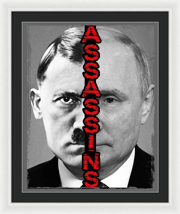 Framed portrait print of a man in a suit with red vertical text, white frame and dark mat