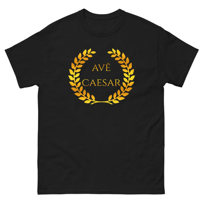 Black T-shirt with gold laurel wreath and AVE CAESAR front graphic