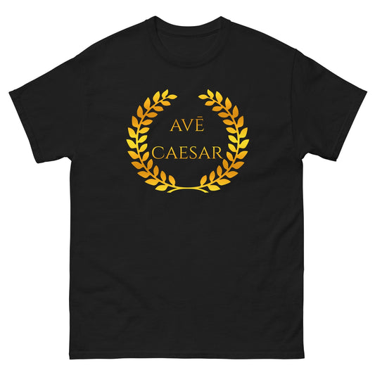Black T-shirt with gold laurel wreath and AVE CAESAR front graphic