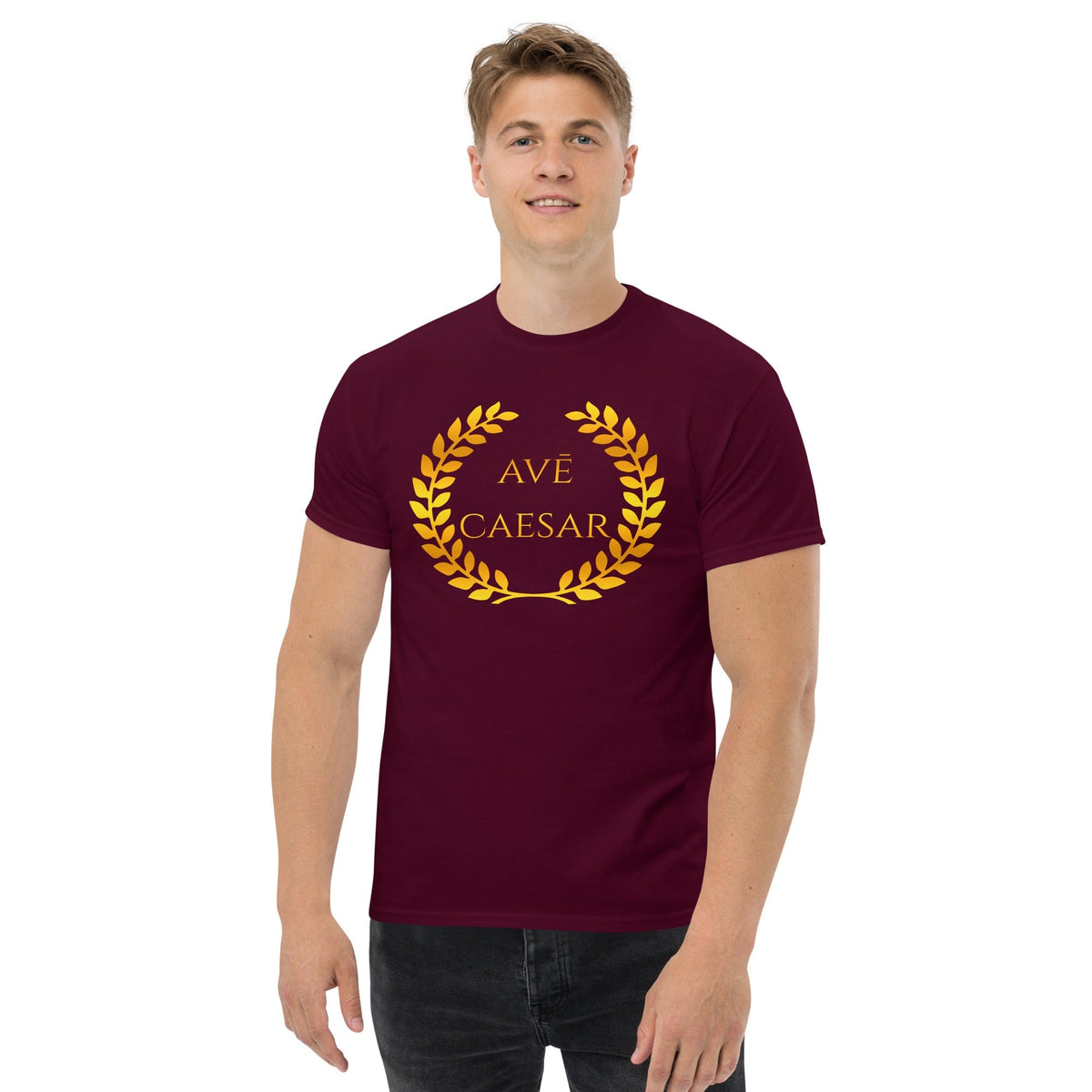 Maroon T-shirt with gold laurel wreath and AVE CAESAR front graphic