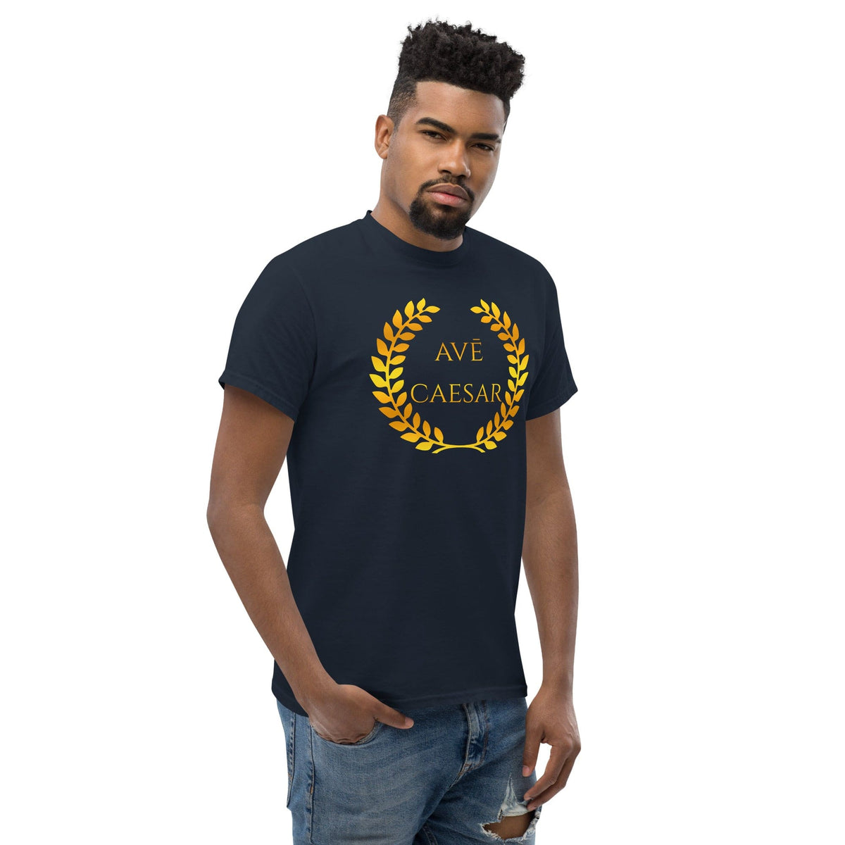 Navy T-shirt with gold laurel wreath and AVE CAESAR front graphic
