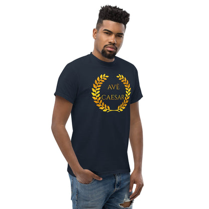 Navy T-shirt with gold laurel wreath and AVE CAESAR front graphic