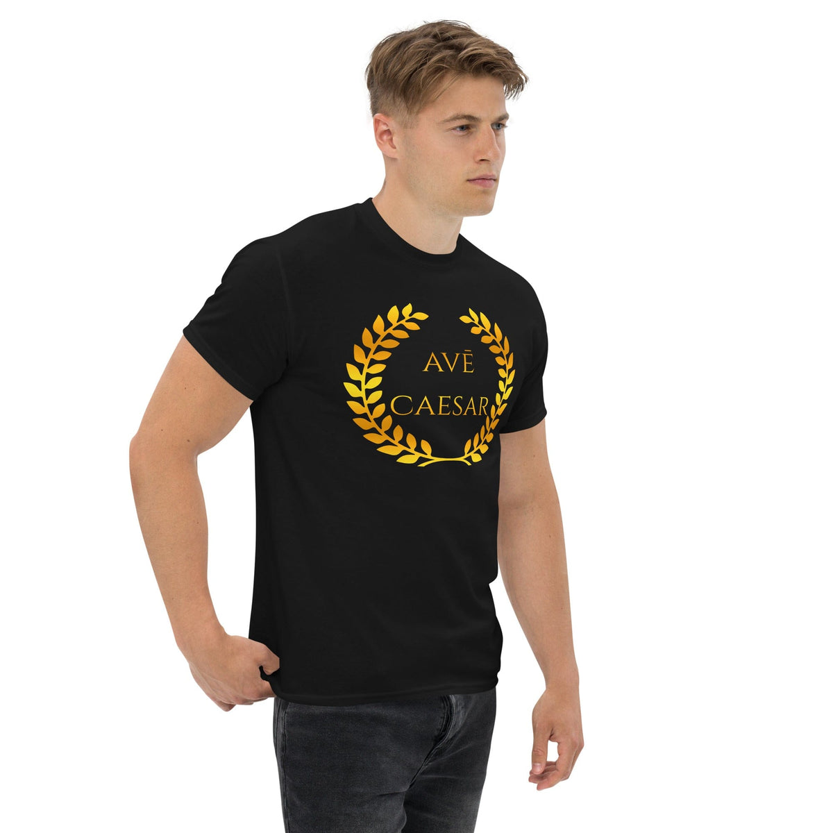 Black T-shirt with gold laurel wreath and AVE CAESAR chest print