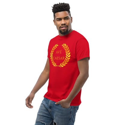 Red T-shirt with gold laurel wreath and AVE CAESAR front graphic