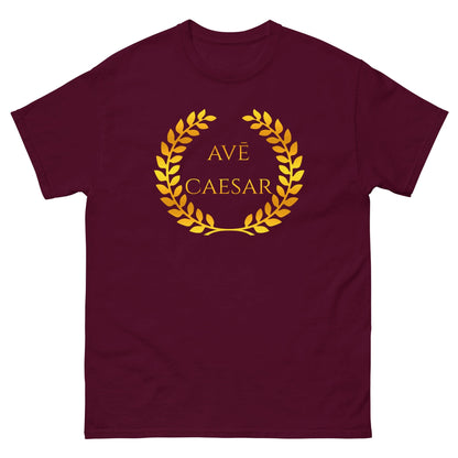 Maroon T-shirt featuring a centered gold laurel wreath with AVE CAESAR