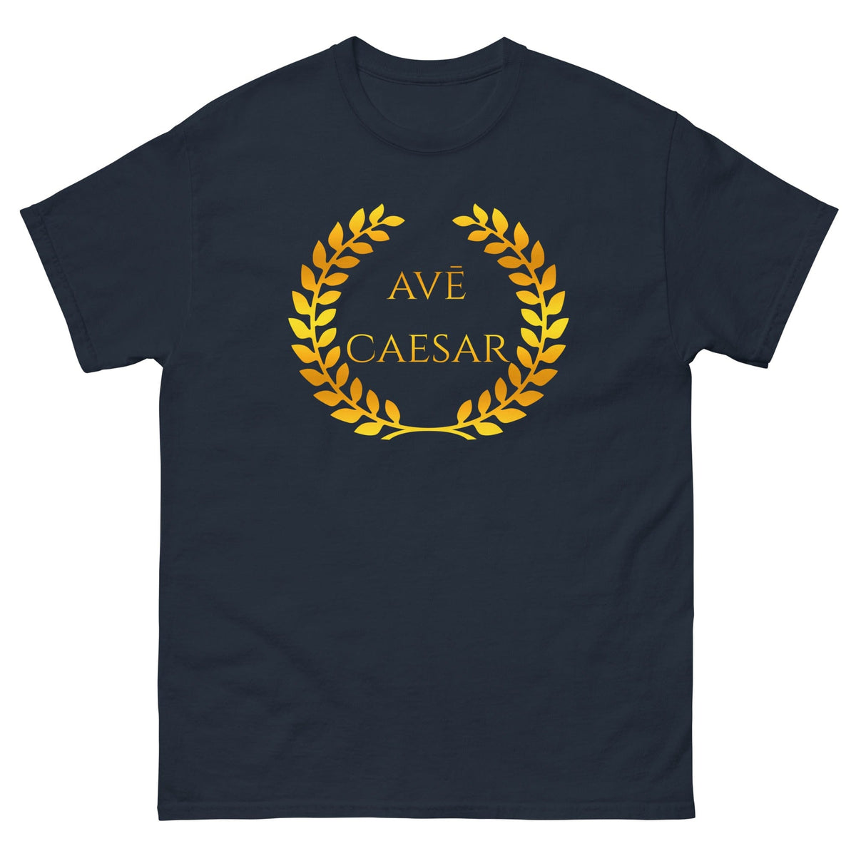 Navy T-shirt with gold laurel wreath and AVE CAESAR front graphic