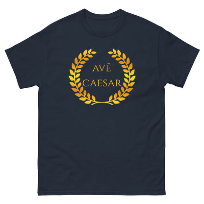 Navy T-shirt with gold laurel wreath and AVE CAESAR front graphic