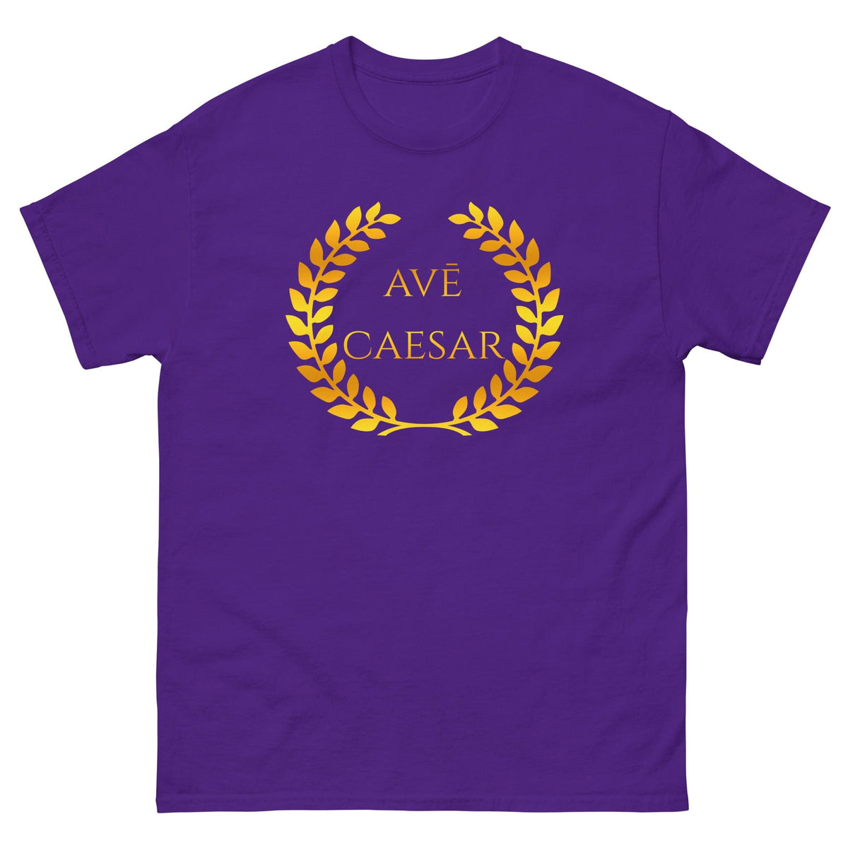 Ave Caesar T-shirt, purple with yellow "AVE CAESAR" wreath print at chest