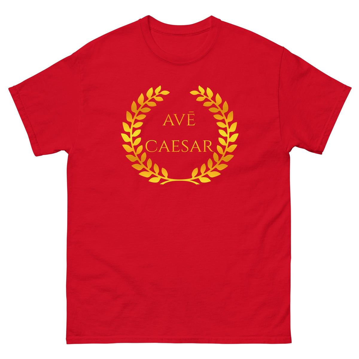 Ave Caesar T-shirt, red with yellow "AVE CAESAR" wreath print at chest
