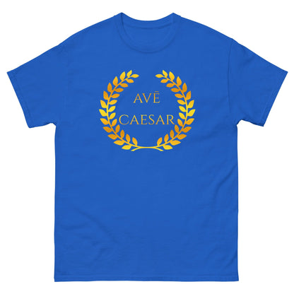 Ave Caesar T-shirt, blue with yellow "AVE CAESAR" wreath print at chest