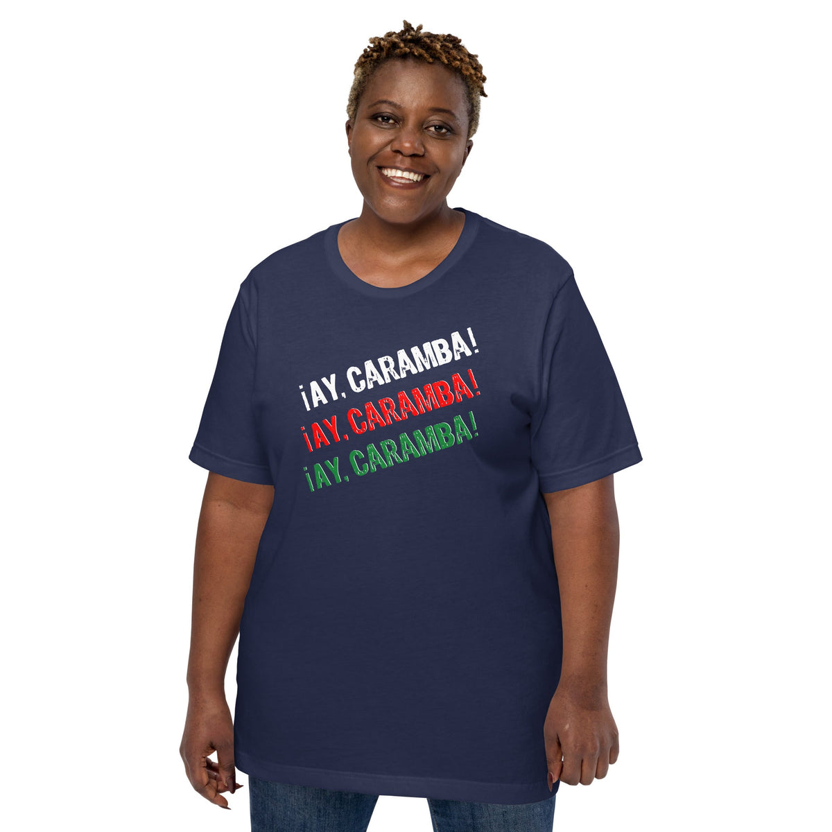 Funny Mexican T-shirt, navy, front graphic text in white, red, and green