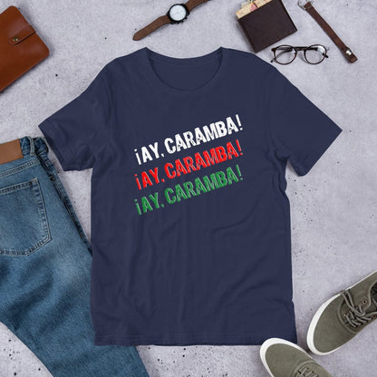 Funny Mexican T-shirt, navy, flat lay with front graphic text in white, red, and green