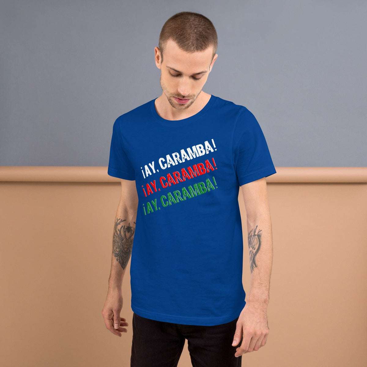 Funny Mexican T-shirt, blue, front graphic text in white, red, and green