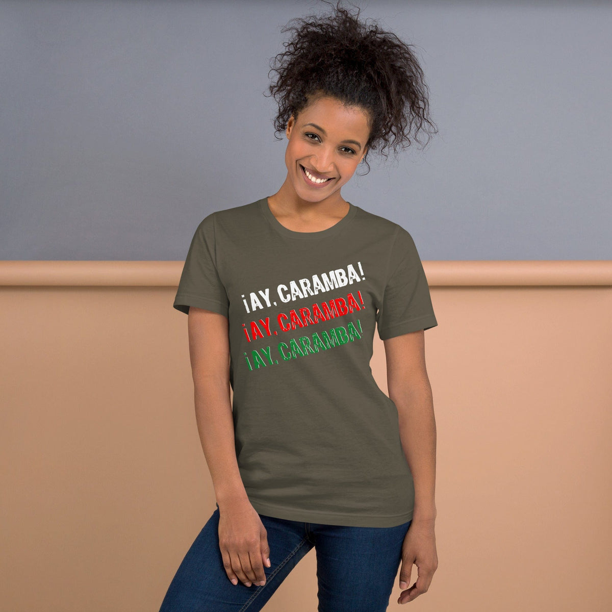 Funny Mexican T-shirt, olive green, front graphic text in white, red, and green