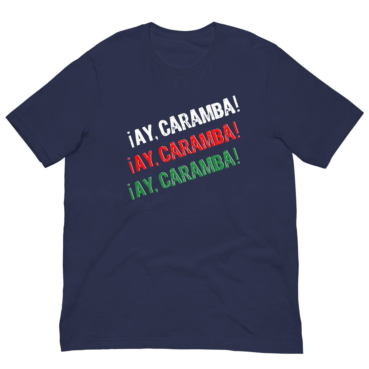 Navy T-shirt with multicolor “¡AY, CARAMBA!” graphic text on the chest