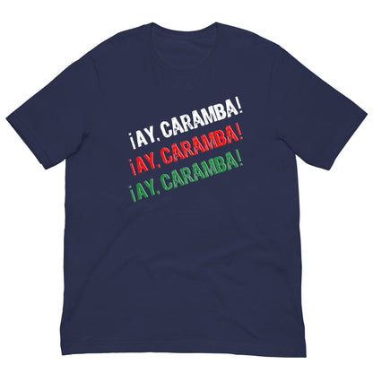 Navy T-shirt with multicolor “¡AY, CARAMBA!” graphic text on the chest