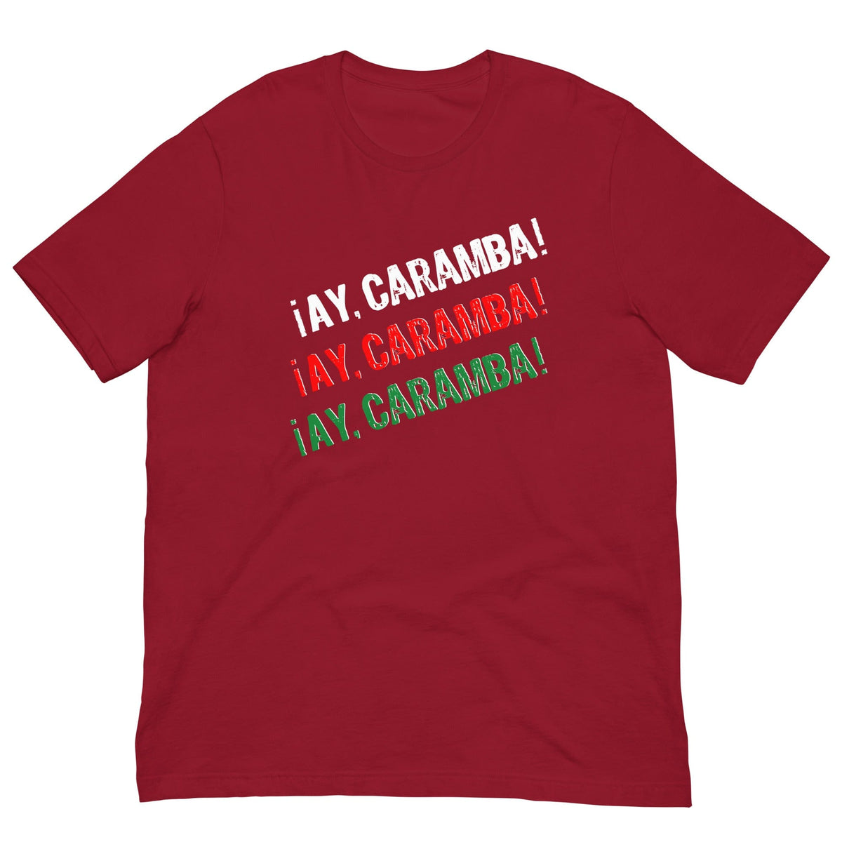 Red T-shirt with multicolor “¡AY, CARAMBA!” graphic text on the chest