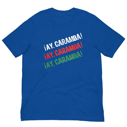 Blue T-shirt with multicolor “¡AY, CARAMBA!” graphic text on the chest