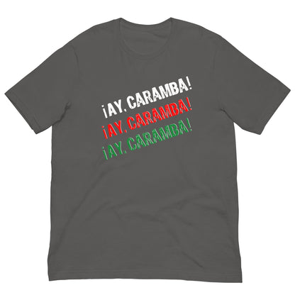 Gray T-shirt with multicolor “¡AY, CARAMBA!” graphic text on the chest