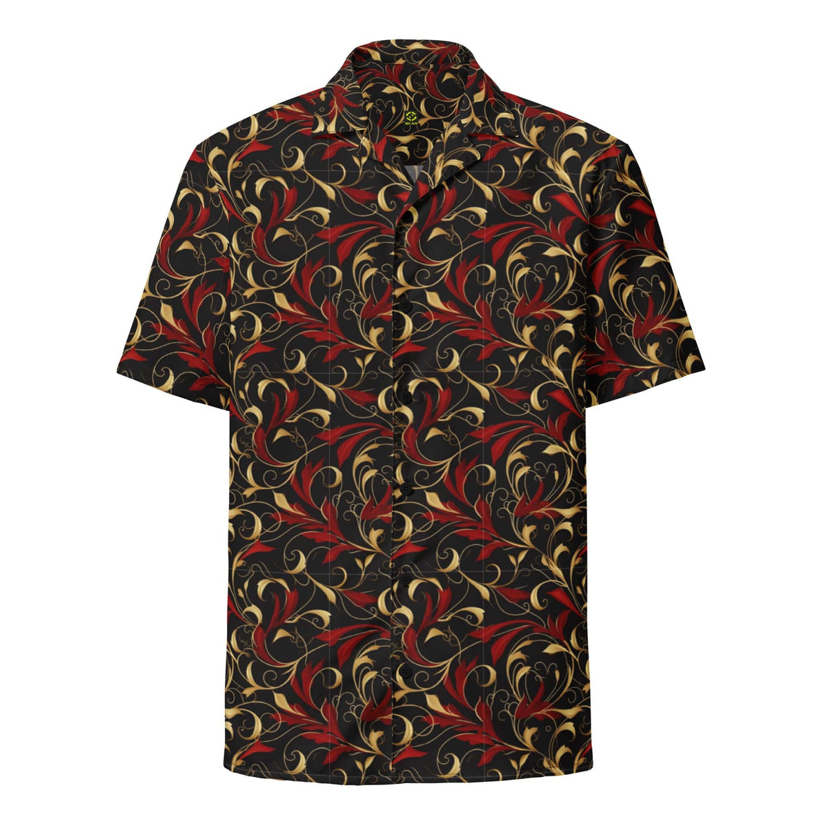 Dark navy baroque art button shirt with red and gold swirling floral pattern.