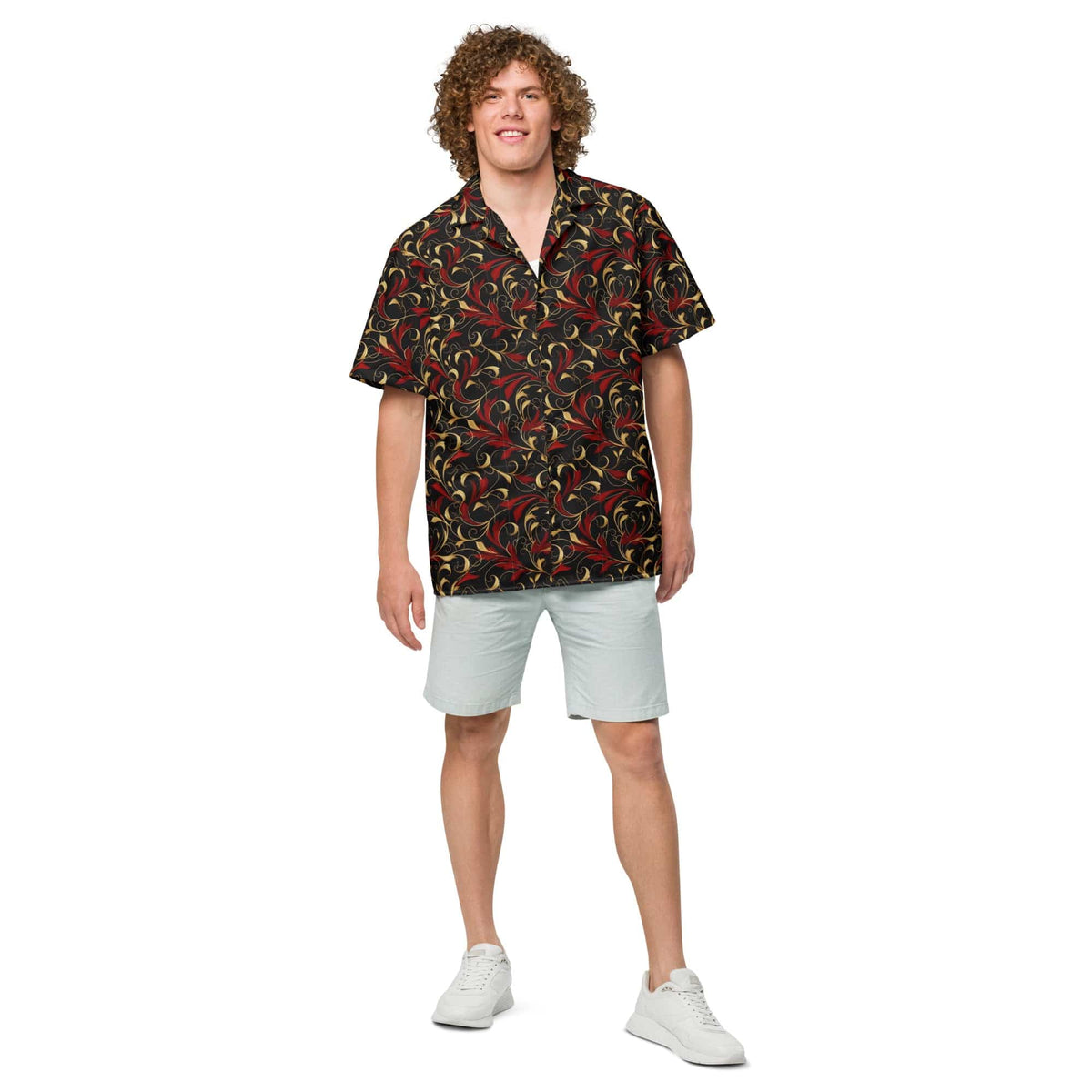 Baroque art short-sleeve button shirt, dark navy with red and gold swirl floral print.