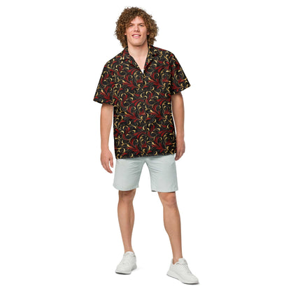 Baroque art short-sleeve button shirt, dark navy with red and gold swirl floral print.