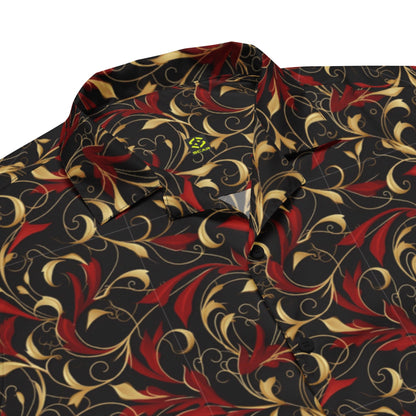Close-up baroque art fabric: dark navy with red and gold swirling floral print.
