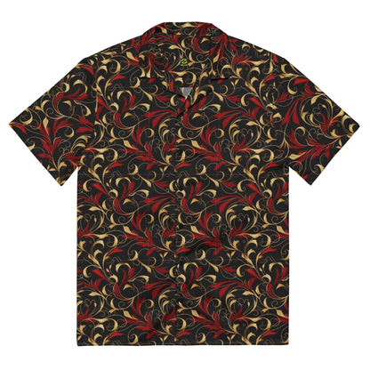 Baroque art short-sleeve button shirt, dark navy with red and gold swirling floral pattern.