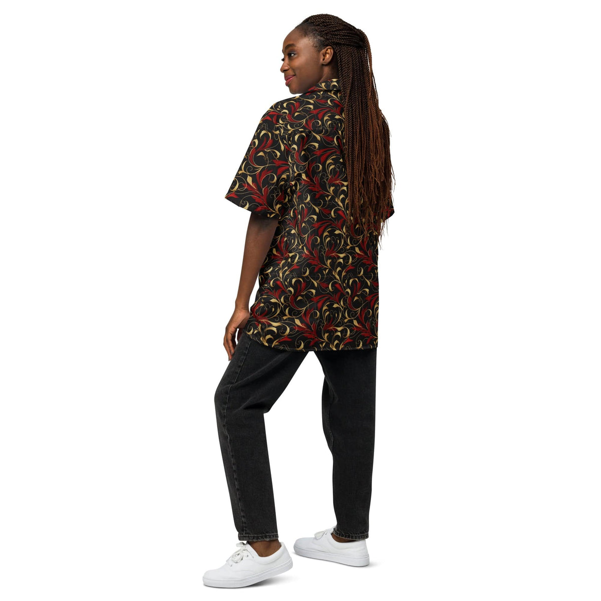 Baroque art button shirt in dark navy with red and gold swirl floral print, short sleeves.