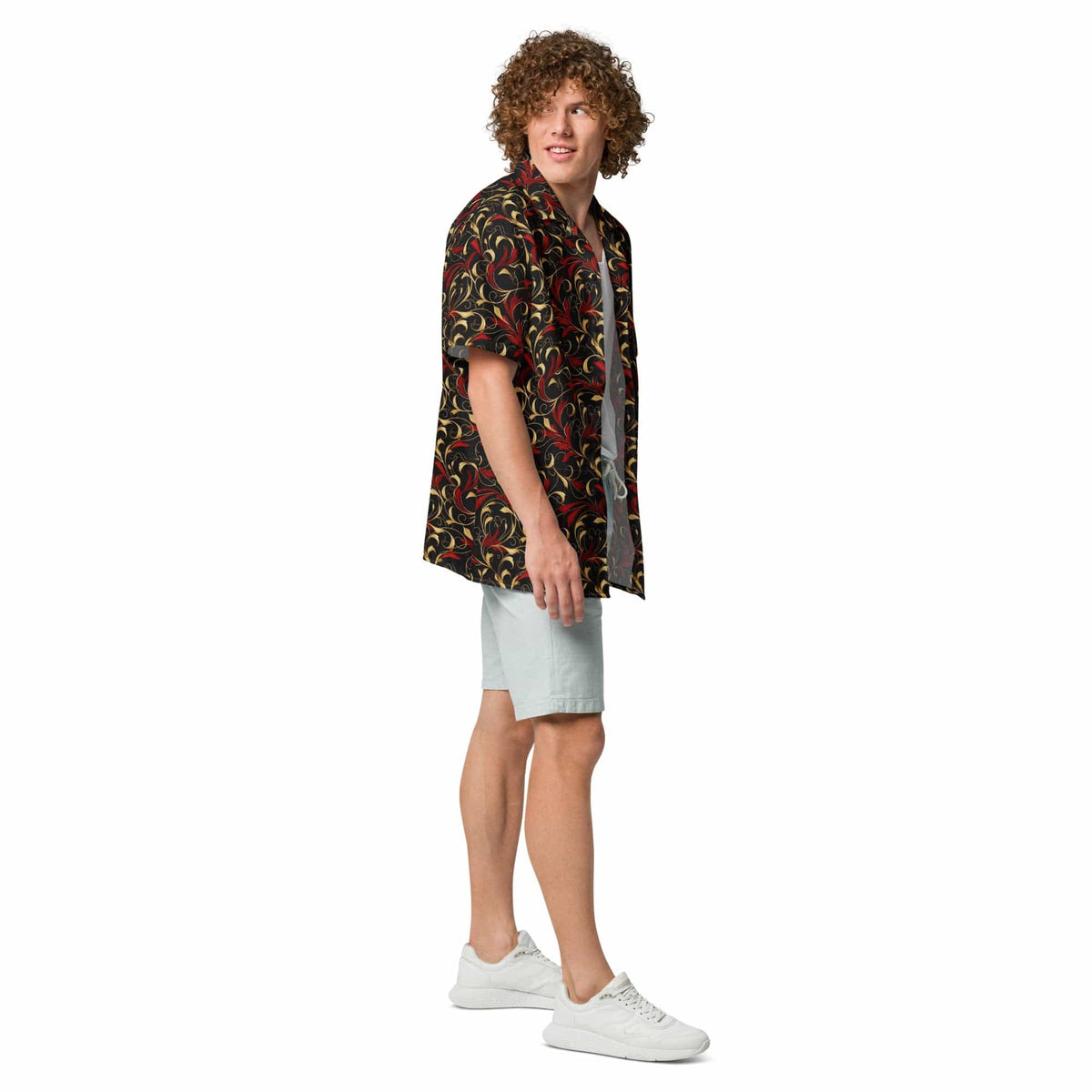 Baroque art button shirt, dark navy with red and gold swirling floral pattern.