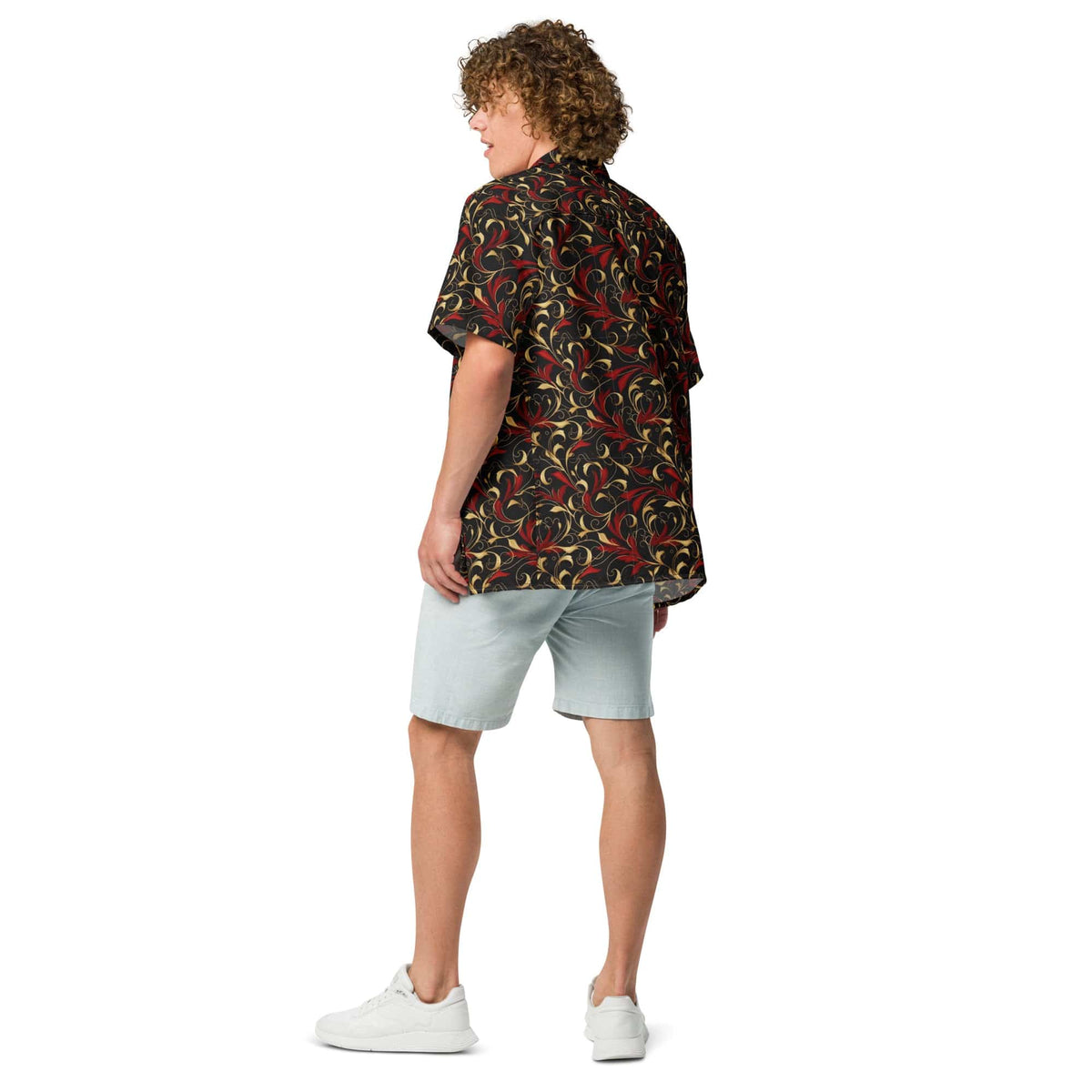 Baroque art button shirt in dark navy with red and gold swirl floral print, camp collar.