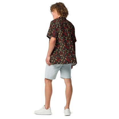 Baroque art button shirt in dark navy with red and gold swirl floral print, camp collar.
