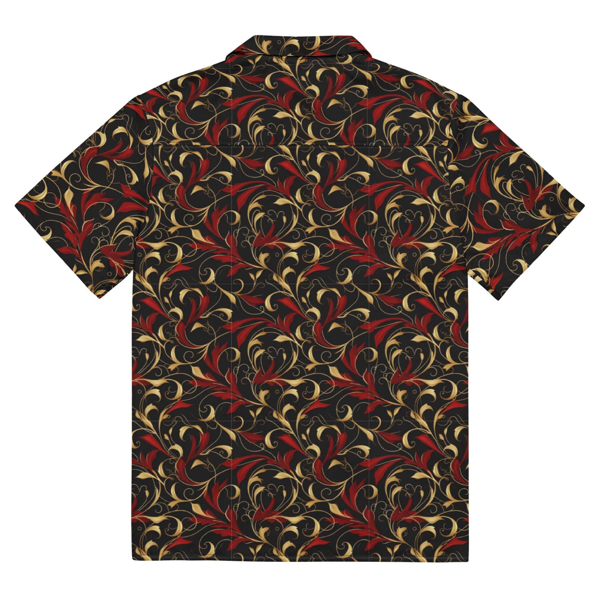 Baroque art button shirt with short sleeves, ornate swirl pattern in dark red and gold