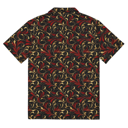 Baroque art button shirt with short sleeves, ornate swirl pattern in dark red and gold