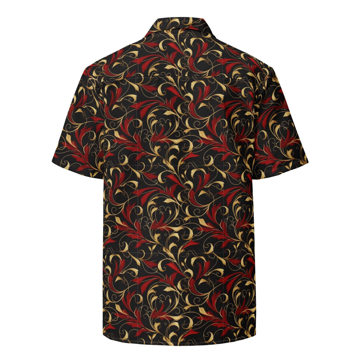 Baroque art button shirt with spread collar, short sleeves, ornate swirl print in dark red