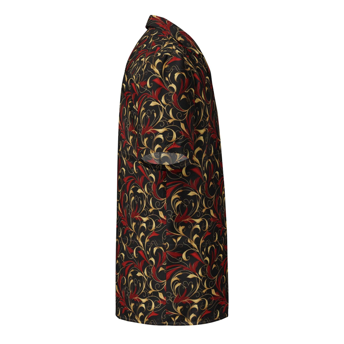 Baroque art button shirt, side view with short sleeves and ornate swirl pattern