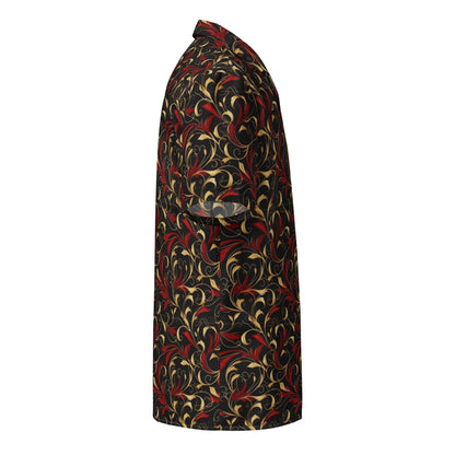 Baroque art button shirt, side view with short sleeves and ornate swirl pattern