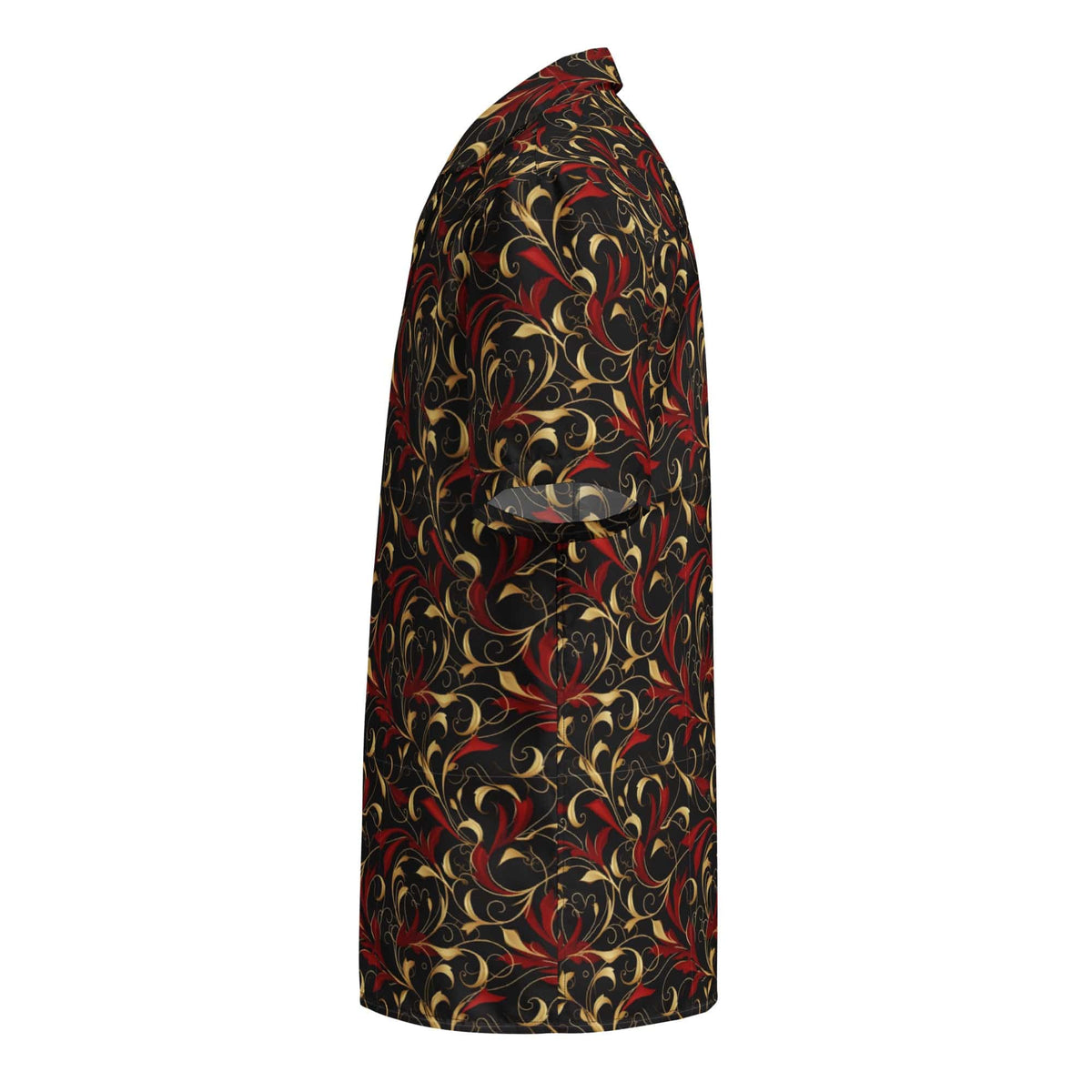 Baroque art button shirt, three-quarter view with collar and ornate swirl pattern in red