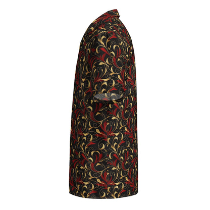 Baroque art button shirt, three-quarter view with collar and ornate swirl pattern in red