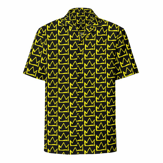 Short-sleeve button-up shirt with crown pattern; dark base and neon yellow outline print