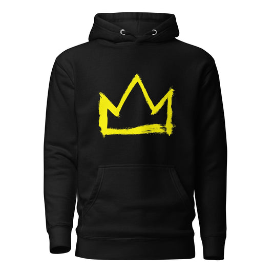 Black hoodie with yellow crown graphic, front kangaroo pocket, drawstring hood
