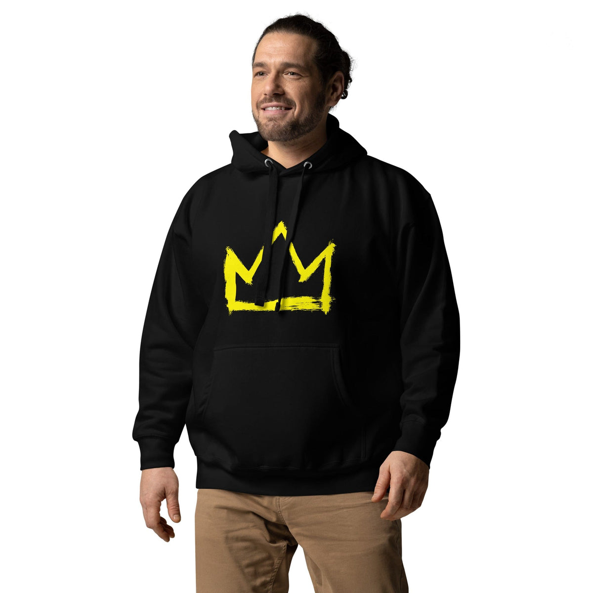 Black hoodie with yellow crown graphic, pullover hood with drawstrings and pocket