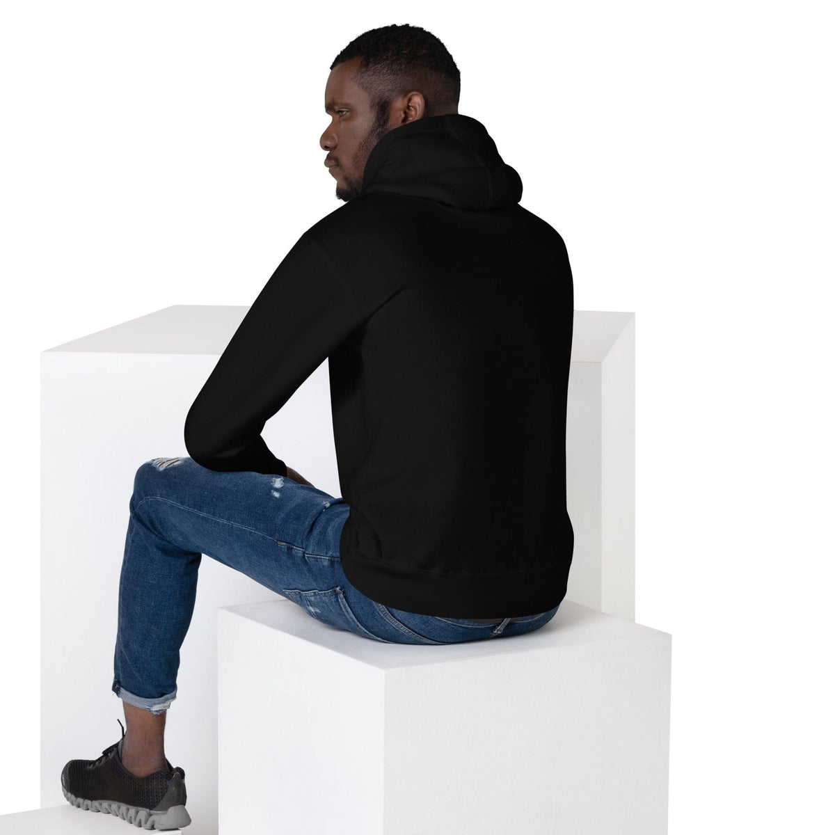 Black hoodie on model, hooded back view