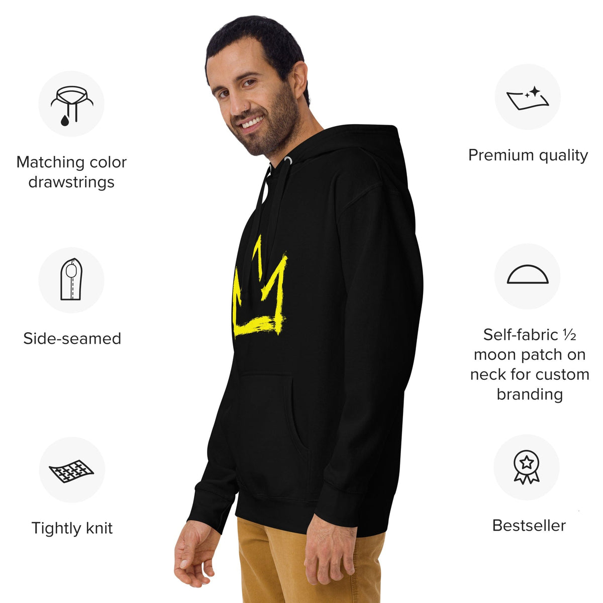 Black hoodie with large yellow crown graphic on front