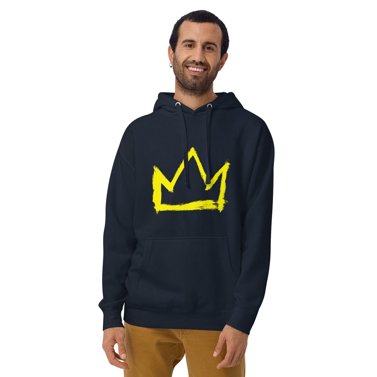 Navy hoodie with yellow crown graphic, front kangaroo pocket and drawstring hood